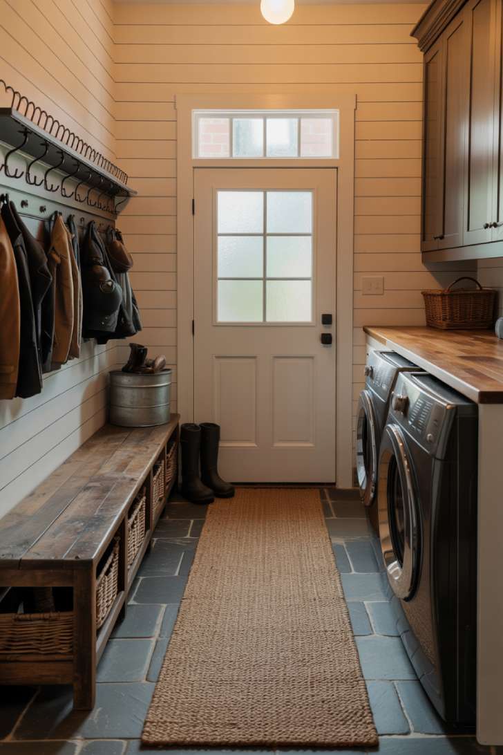 Combined rustic farmhouse mudroom and laundry room with coat hooks, storage bench, washer and dryer under butcher block countertop