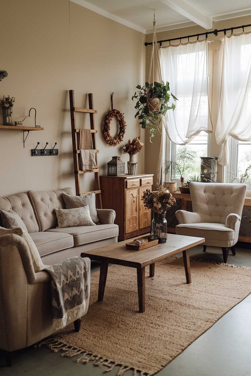 Beige sofa and vintage wooden cabinet create a warm rustic farmhouse atmosphere with natural decor elements