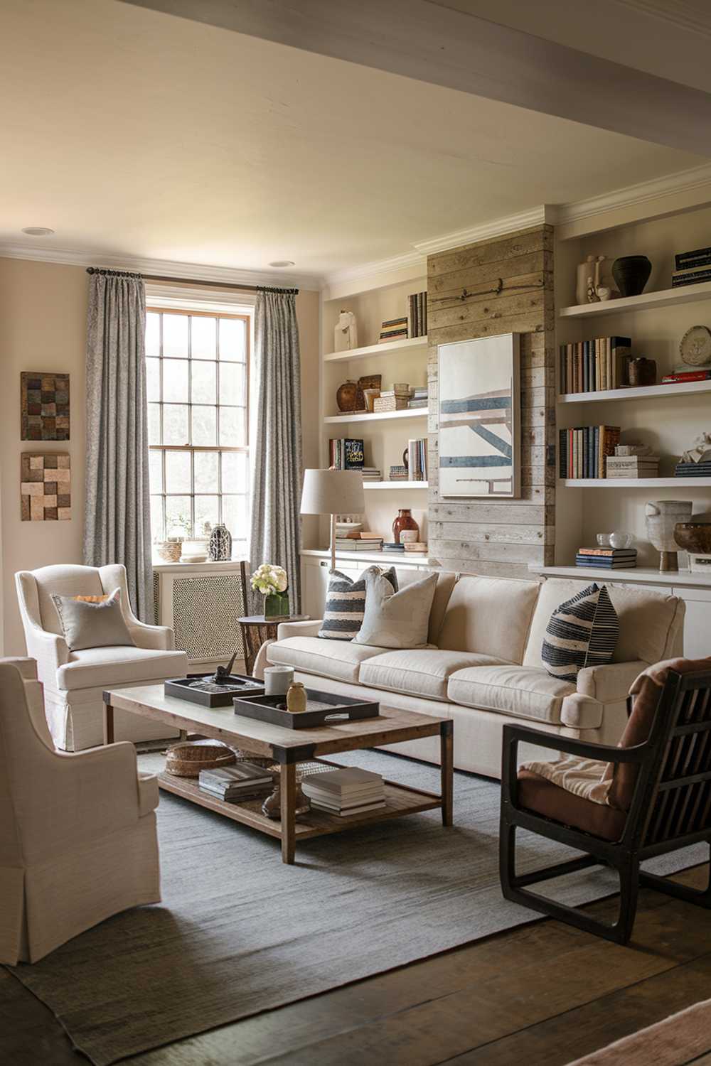 Book-filled shelves and comfortable seating create an inviting rustic farmhouse reading nook