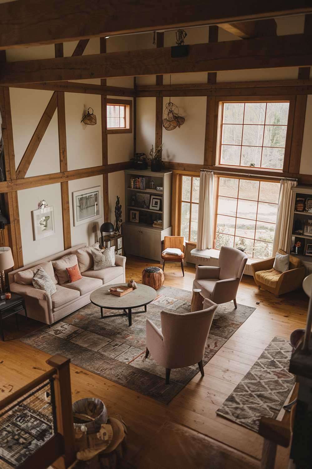 Wide rustic living room with wooden beams and nature view showcases farmhouse style elements