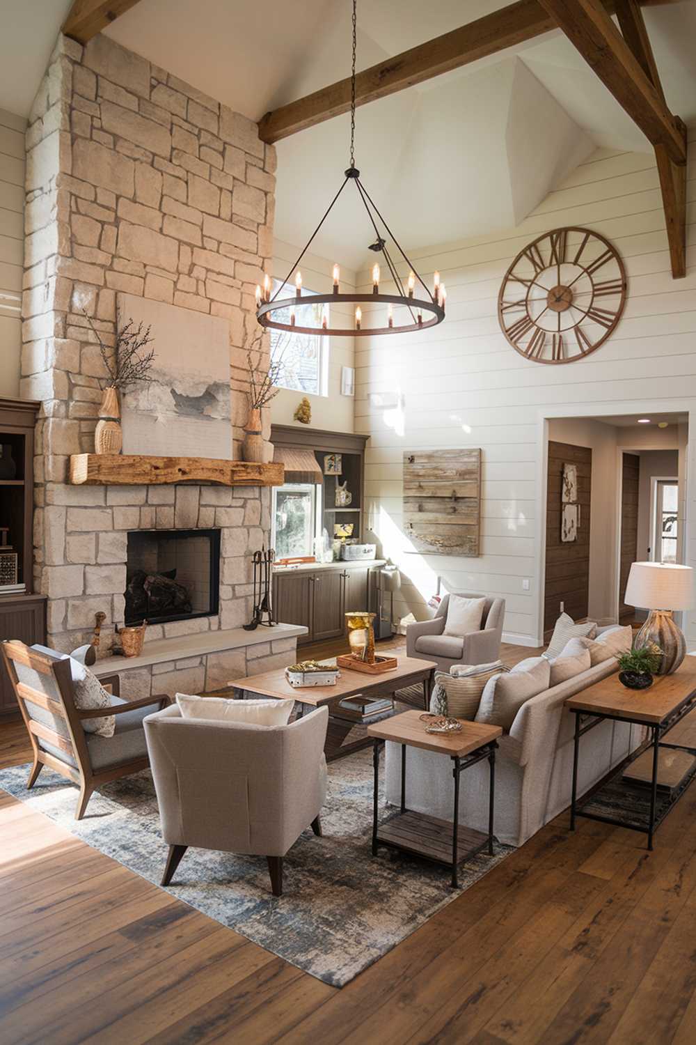 Stone fireplace and rustic chandelier create a dramatic farmhouse focal point with warm lighting