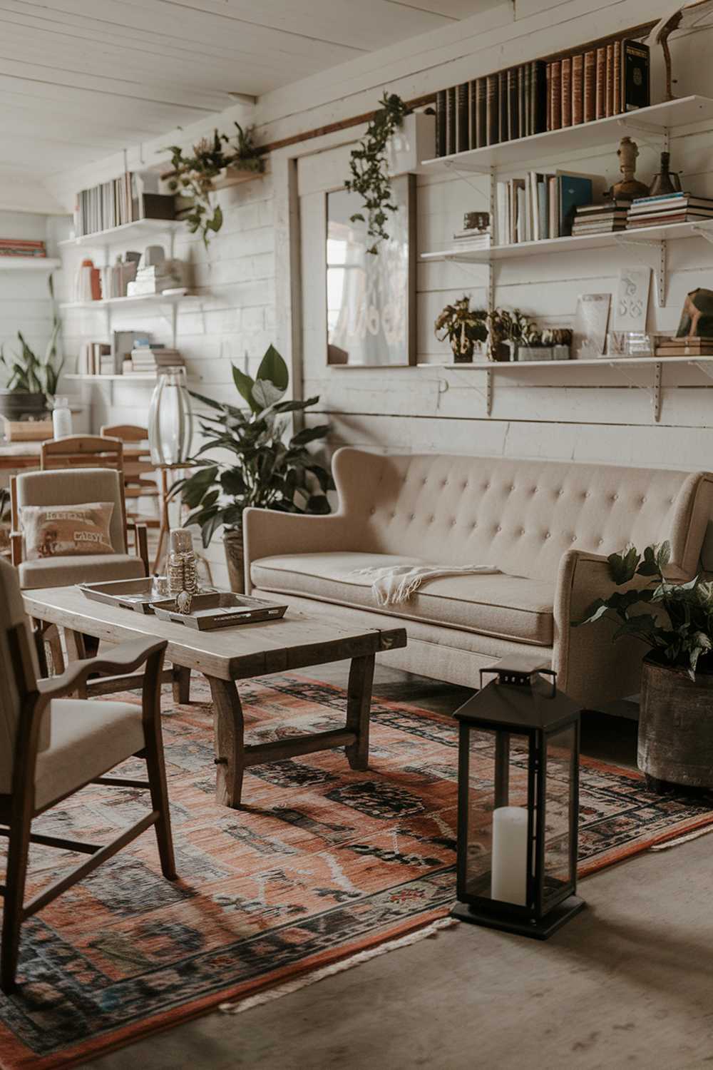 Beige sofa with wooden accents and lantern create a cozy farmhouse atmosphere