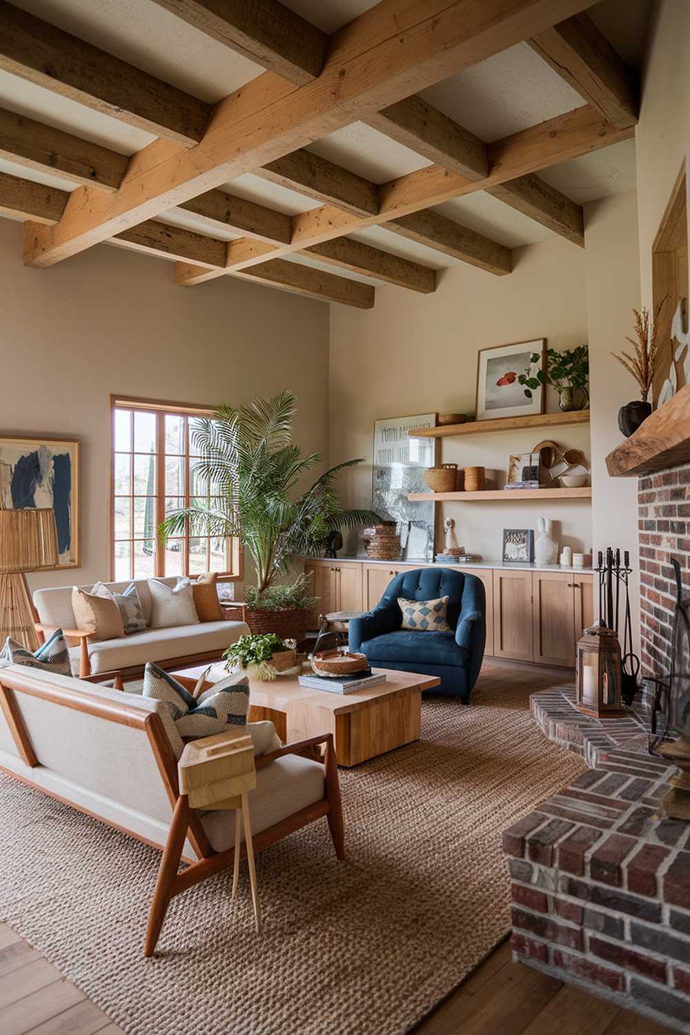 Wooden beam ceiling and brick fireplace create architectural interest in rustic farmhouse space