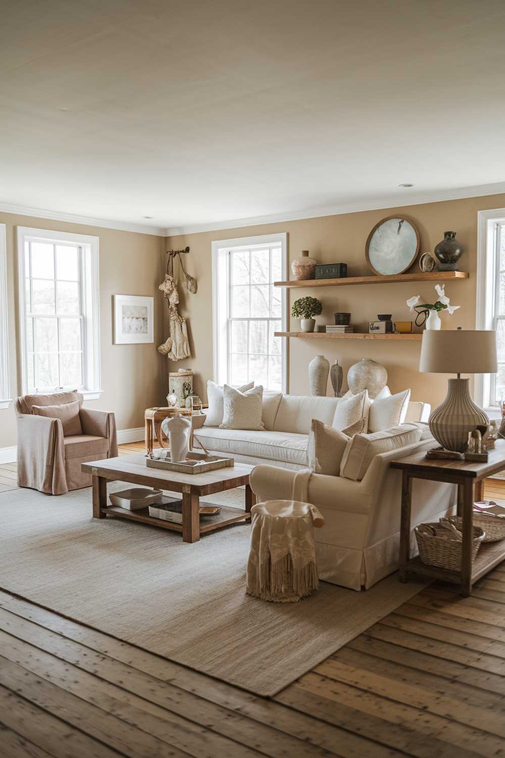 Sun-filled rustic farmhouse living room with wooden elements and natural decor