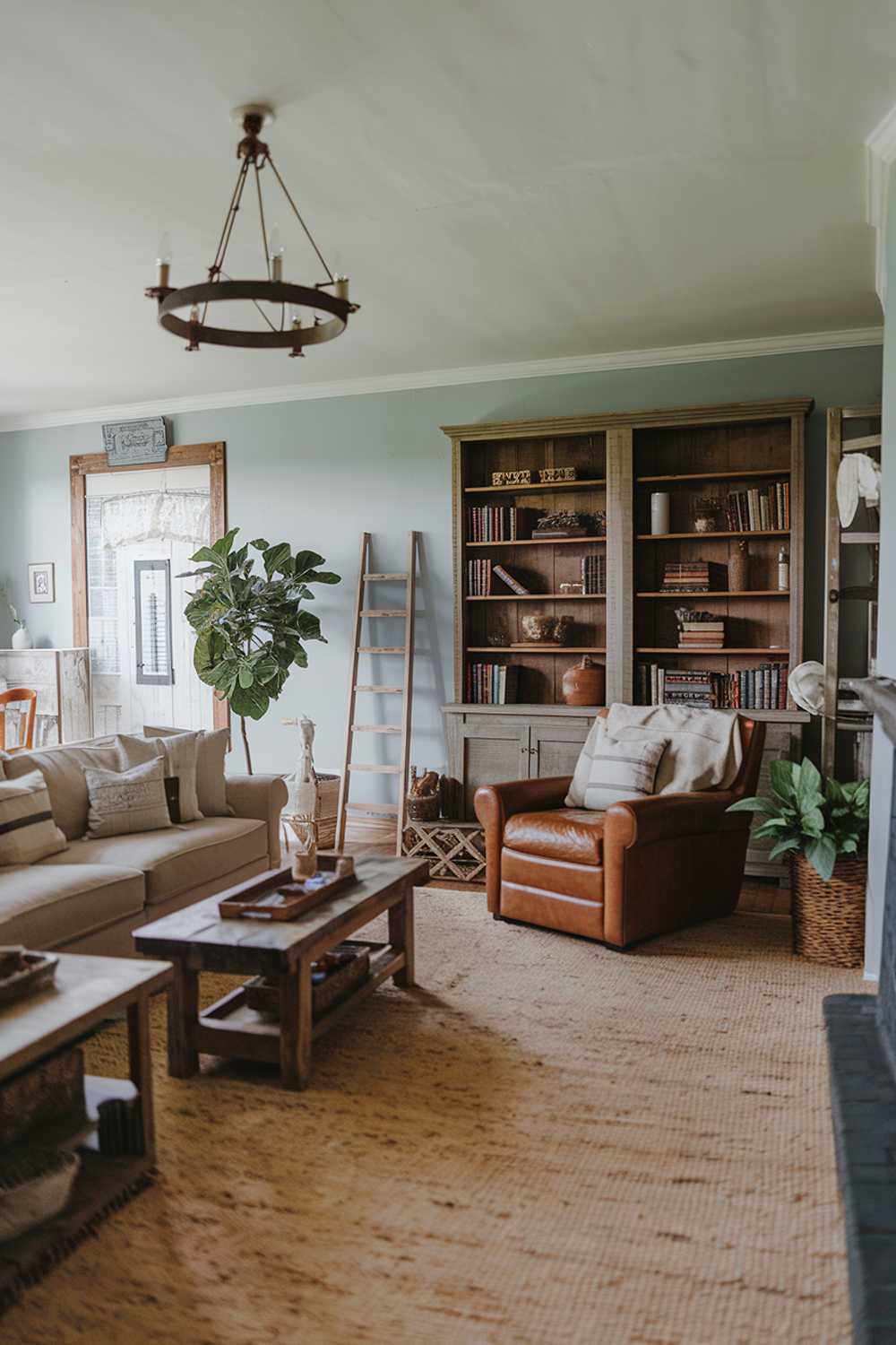 Wooden bookshelf and leather chair create a cozy reading nook with farmhouse charm