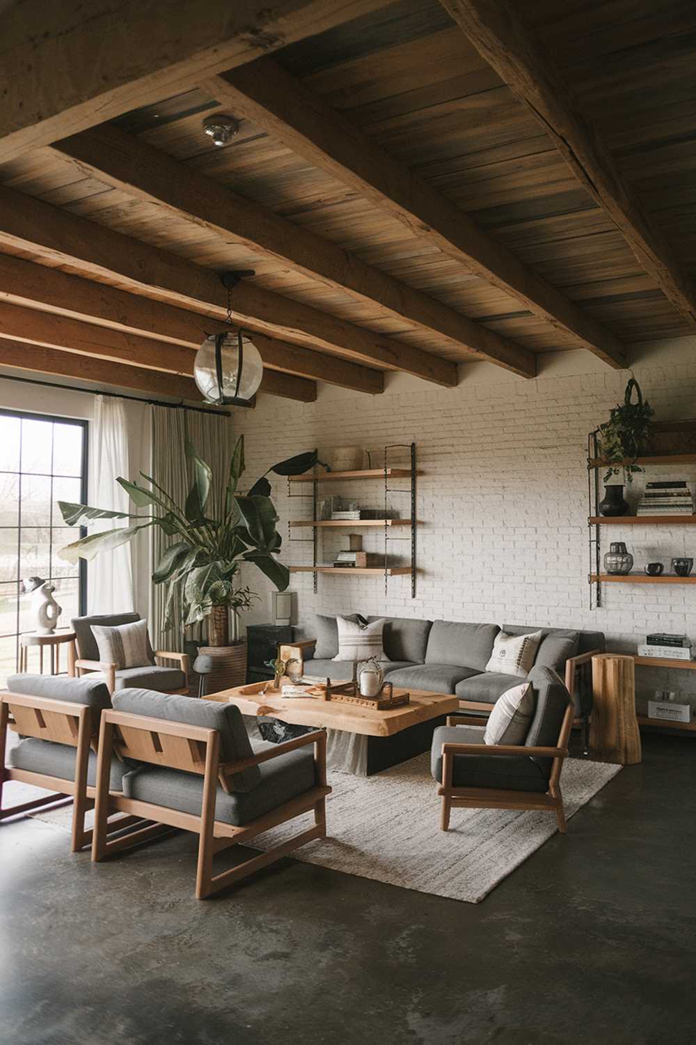 Contemporary rustic living room with concrete floor and wooden beam ceiling