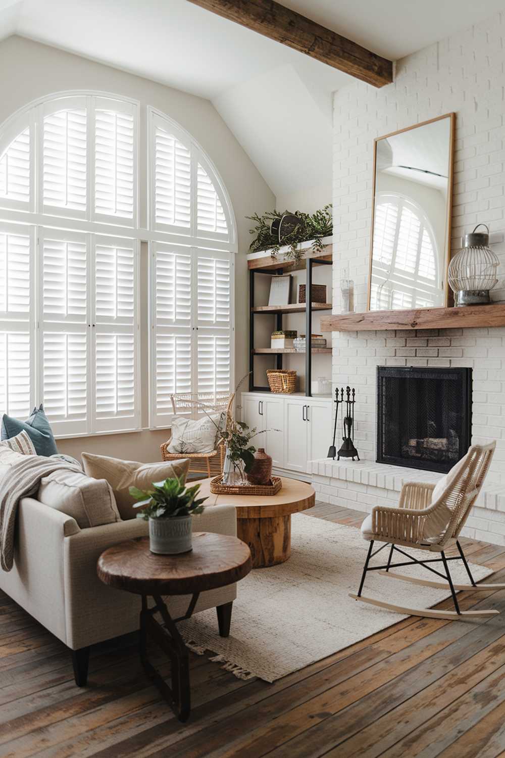 White brick fireplace and plantation shutters create refined farmhouse atmosphere