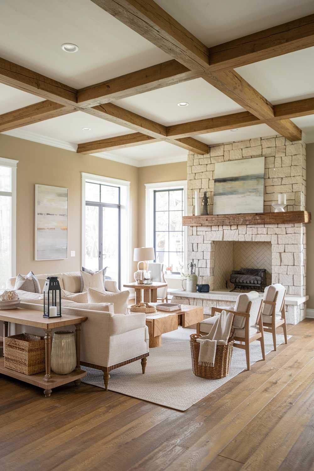 Stone fireplace with wooden mantel anchors elegant rustic farmhouse living space