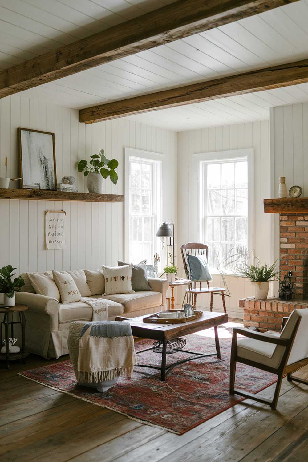 White walls and brick fireplace create a bright rustic farmhouse atmosphere with wooden beams