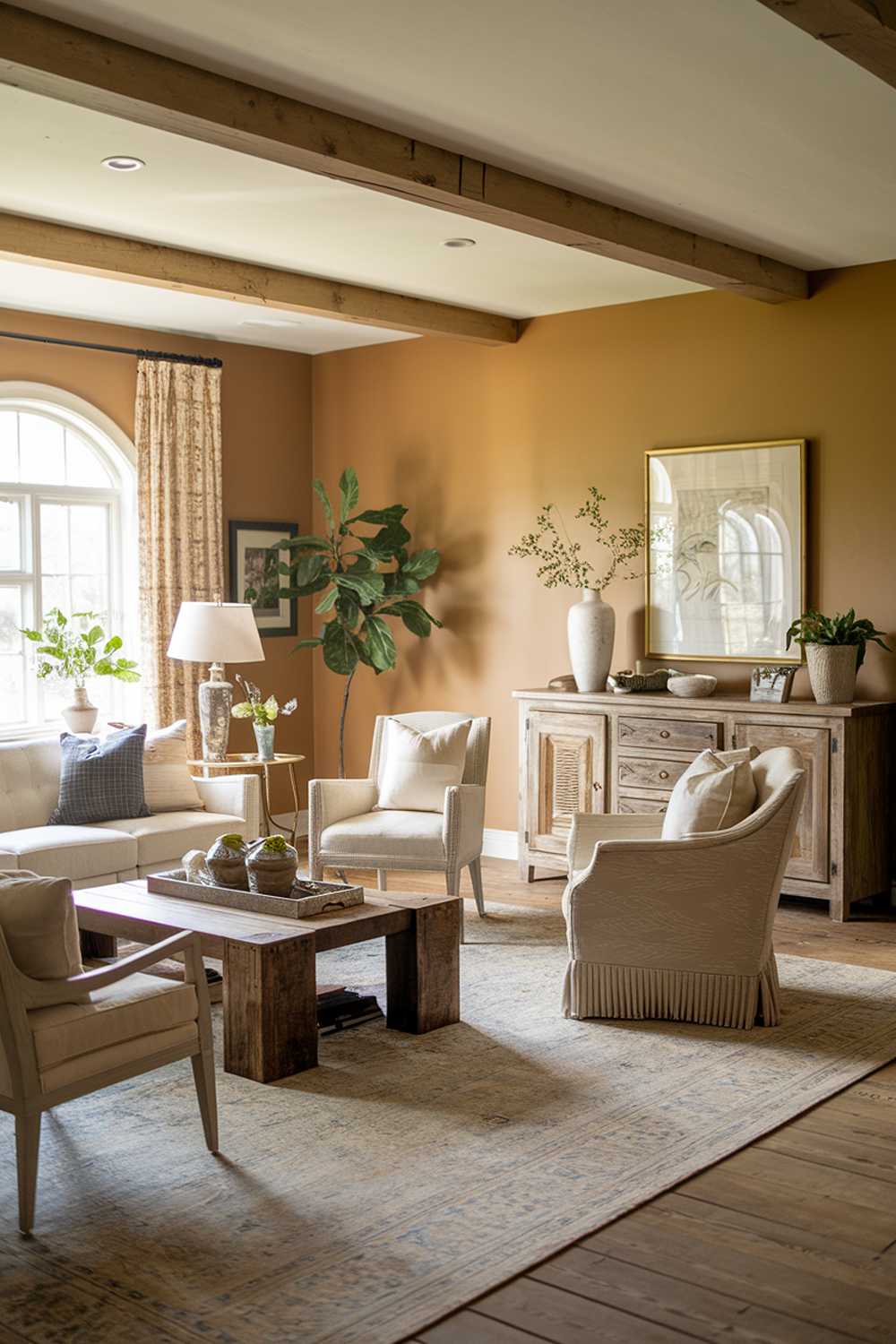 Wooden beams and vintage sideboard create authentic farmhouse charm with natural textures