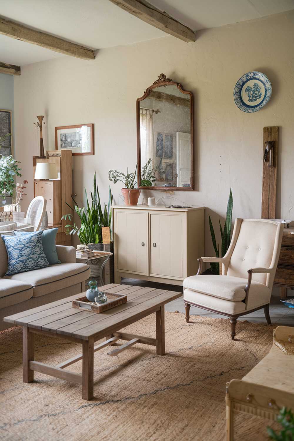 Blue patterned pillow adds pop of color to neutral rustic farmhouse living room