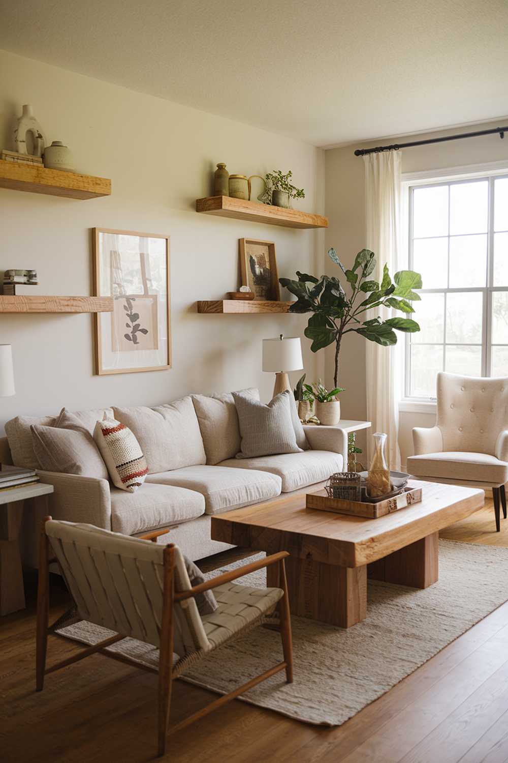 Natural light illuminates cozy seating area with wooden accents and potted plants