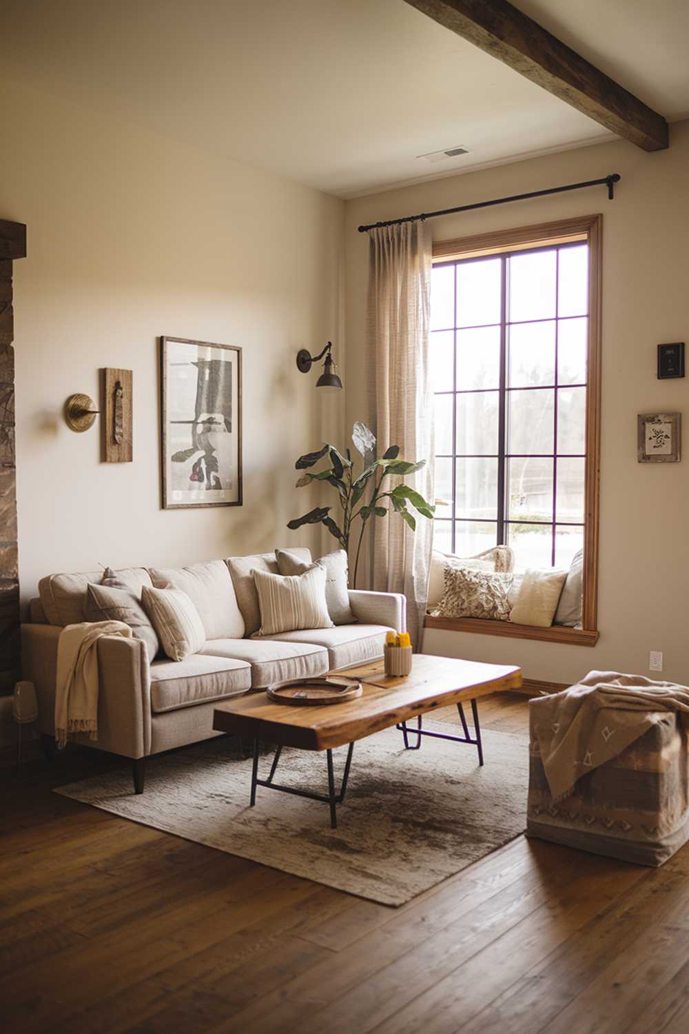 Large window and neutral colors create bright, inviting rustic farmhouse atmosphere