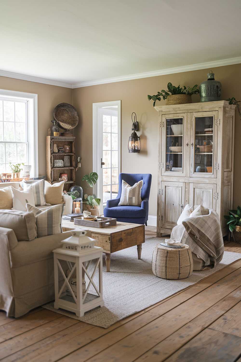 Blue chair adds subtle color to neutral rustic farmhouse living room with vintage elements