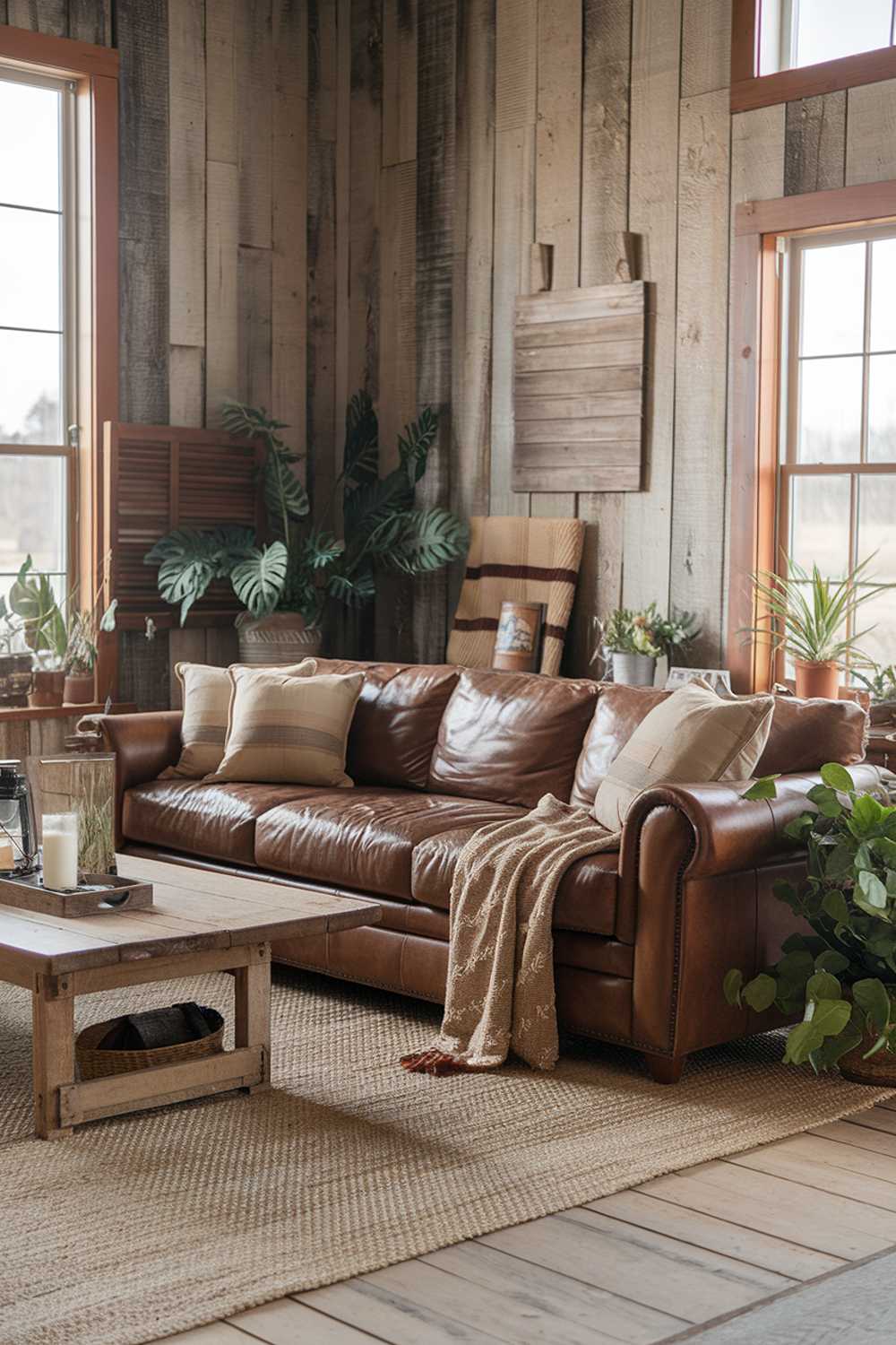 Brown leather sofa and weathered wood create rich, warm rustic farmhouse atmosphere