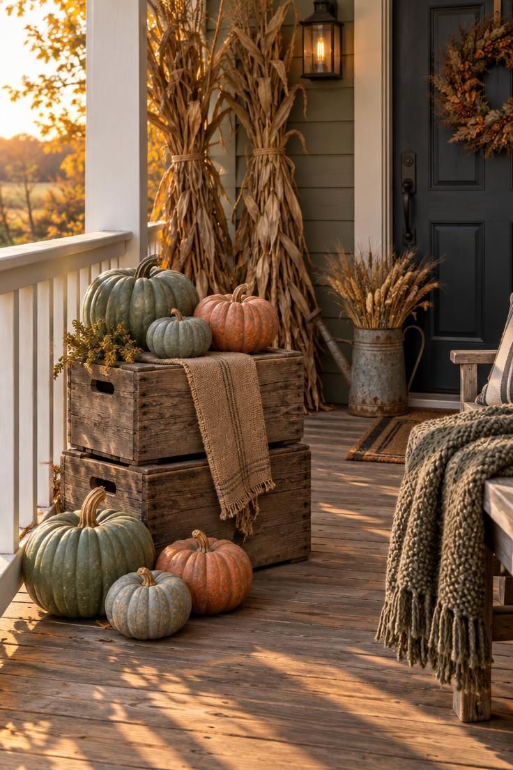 10 Rustic Halloween Decor Ideas for a Welcoming Porch 1 Stacked weathered crates on a porch holding sage, blue-gray, and dusty orange pumpkins with dried corn stalks behind and a burlap runner draped over the front.