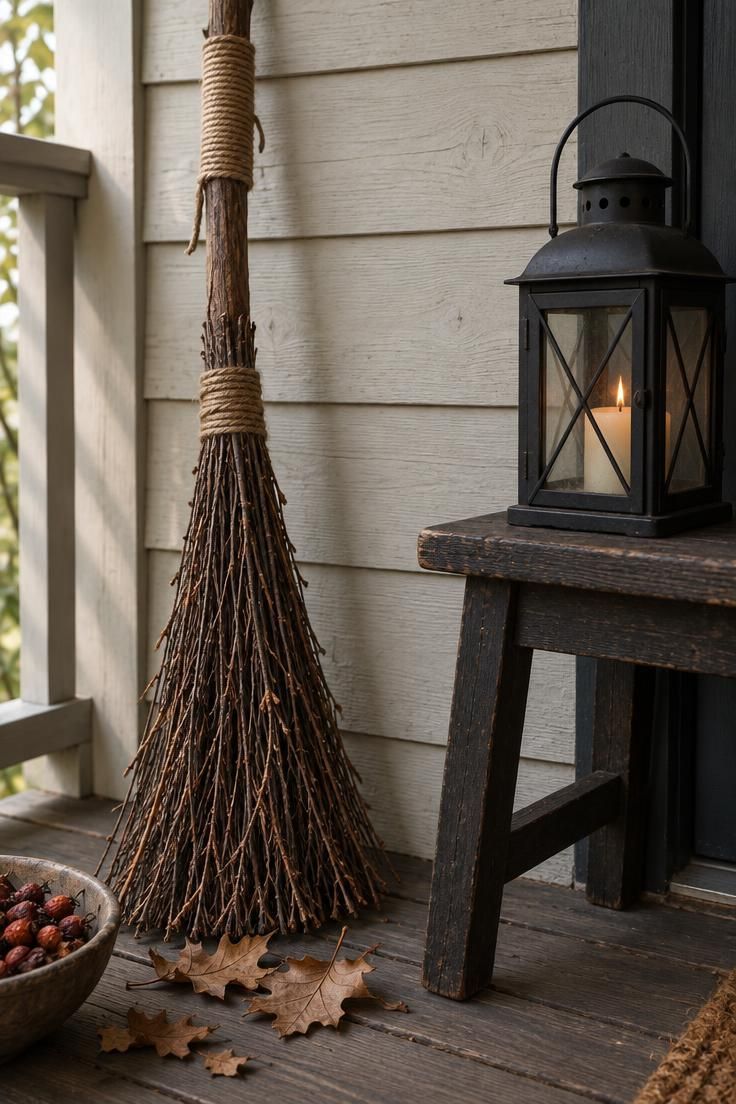10 Rustic Halloween Decor Ideas for a Welcoming Porch 2 Twig broom with twine-wrapped handle leaning against porch siding beside a matte black lantern on a wooden stool with scattered dried leaves.