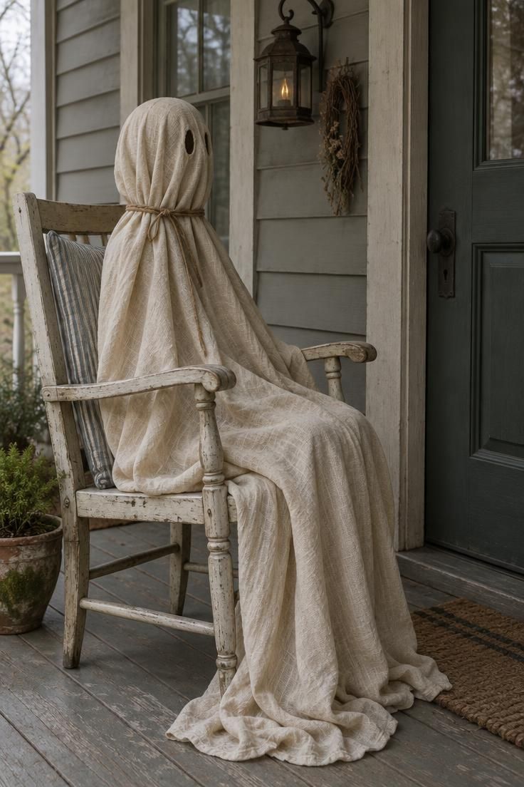 10 Rustic Halloween Decor Ideas for a Welcoming Porch 3 Unbleached muslin ghost draped over a willow form on an old porch chair with fabric pooling, a fading ticking cushion behind it, and cool overcast light.