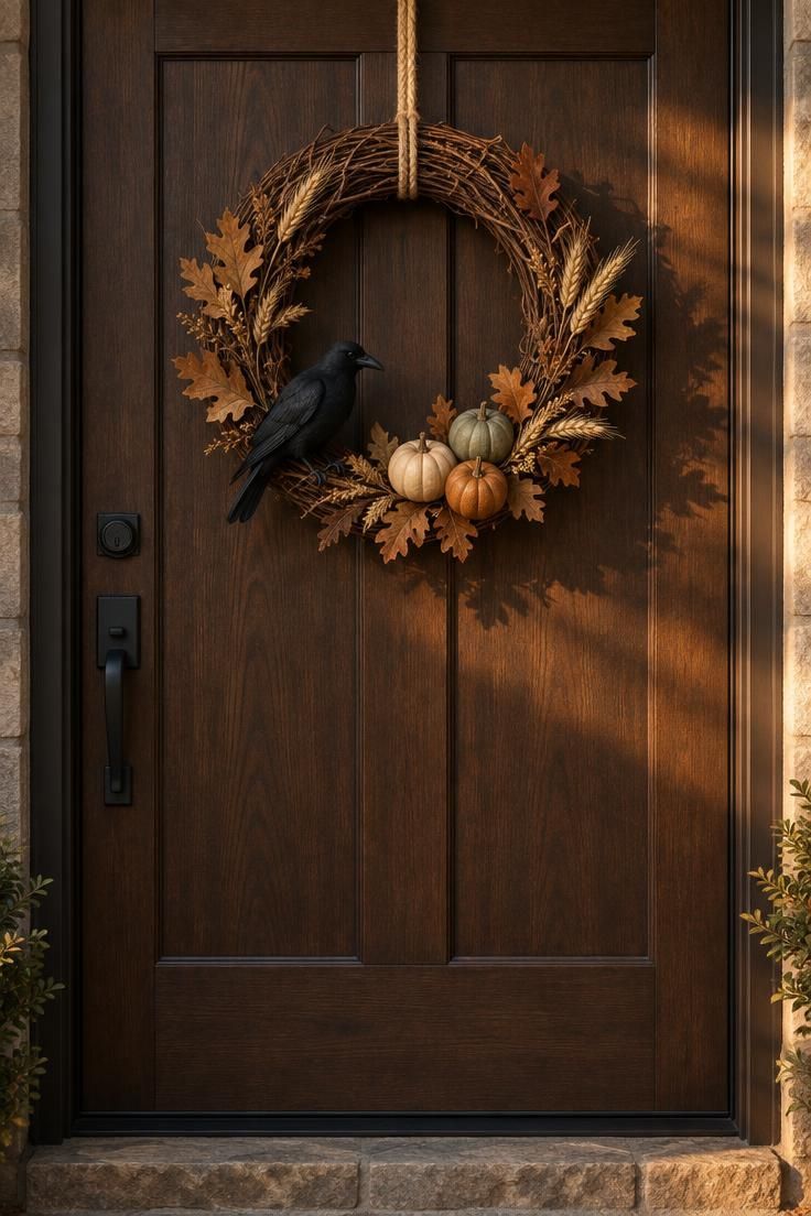 10 Rustic Halloween Decor Ideas for a Welcoming Porch 4 Grapevine wreath with dried oak leaves, wheat sprigs, and mini pumpkins on a dark wood door, with a matte black crow perched at the lower left.