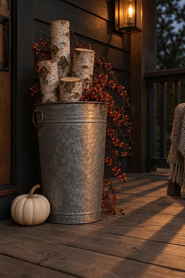 10 Rustic Halloween Decor Ideas for a Welcoming Porch 5 Galvanized bucket on a wood porch floor filled with birch logs and trailing dried bittersweet, with a small white pumpkin beside it and low evening light on the metal.