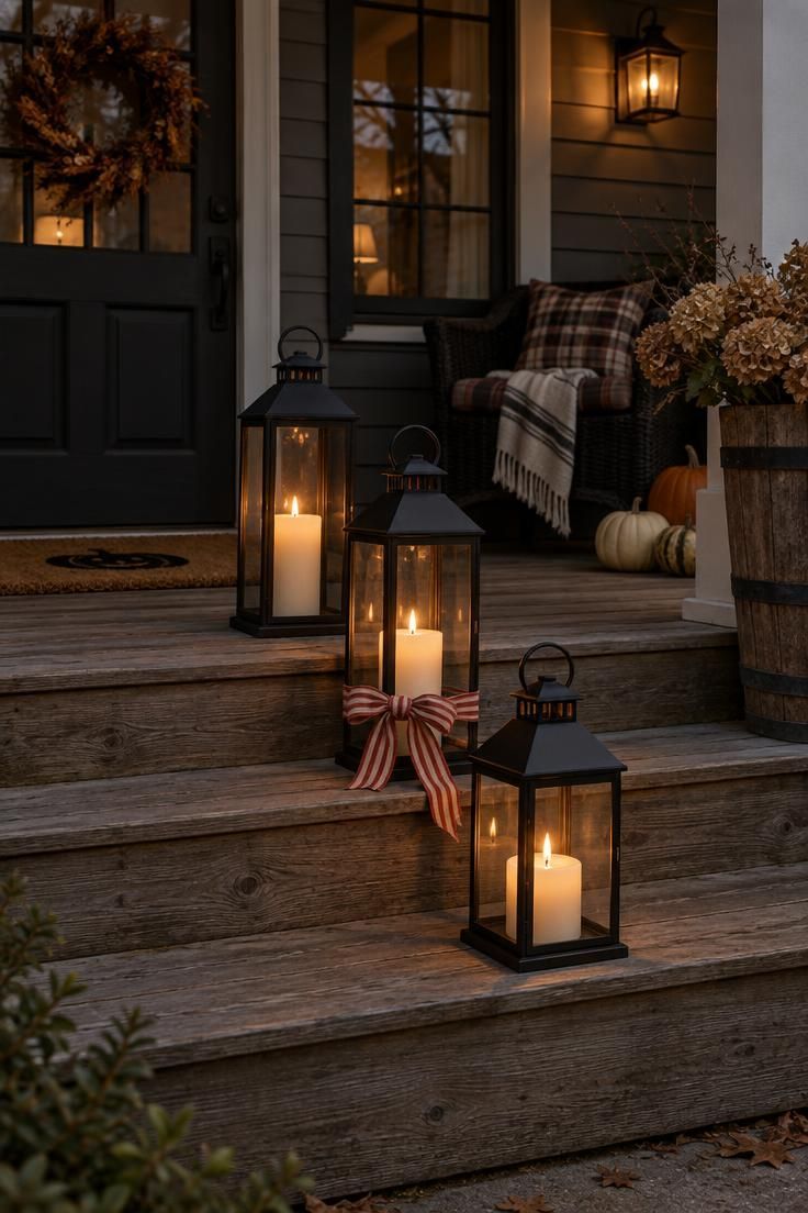 10 Rustic Halloween Decor Ideas for a Welcoming Porch 6 Three black metal lanterns of different heights arranged on aged wood steps, the middle one wrapped with a faded stripe ribbon, soft candlelight through the glass.