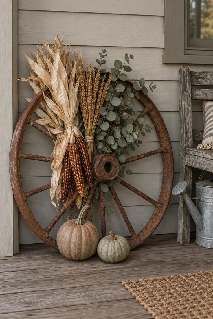 10 Rustic Halloween Decor Ideas for a Welcoming Porch 8 Rusty wagon wheel leaning against porch siding with dried corn husks and eucalyptus inside the wheel opening and two small pumpkins at the base.