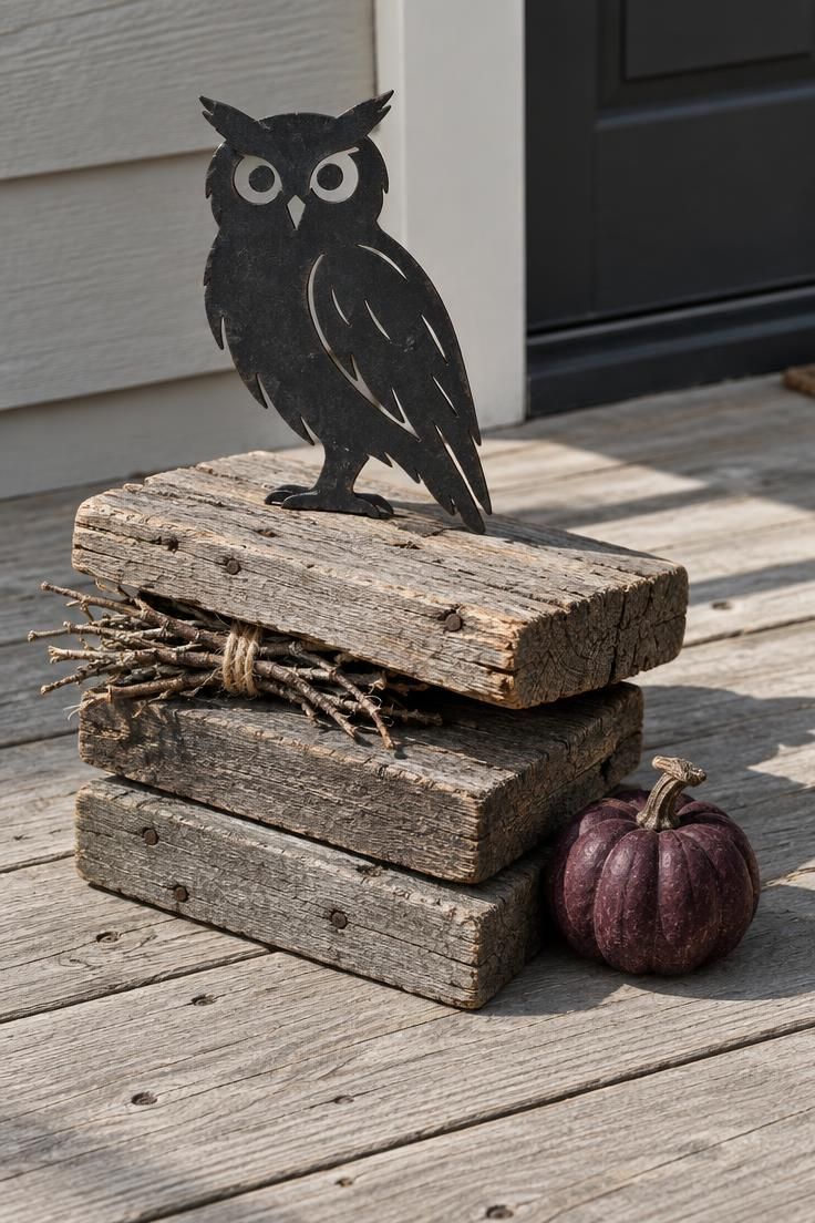 10 Rustic Halloween Decor Ideas for a Welcoming Porch 10 Stacked weathered barn wood boards with a matte black metal owl silhouette on top, twigs tucked underneath, and a small plum pumpkin beside the stack.