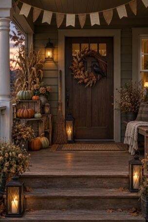 Dusk view of a rustic Halloween porch with crates of muted pumpkins, a twig broom and black lantern, a crow wreath on the door, a burlap banner overhead, and lantern light along the steps.