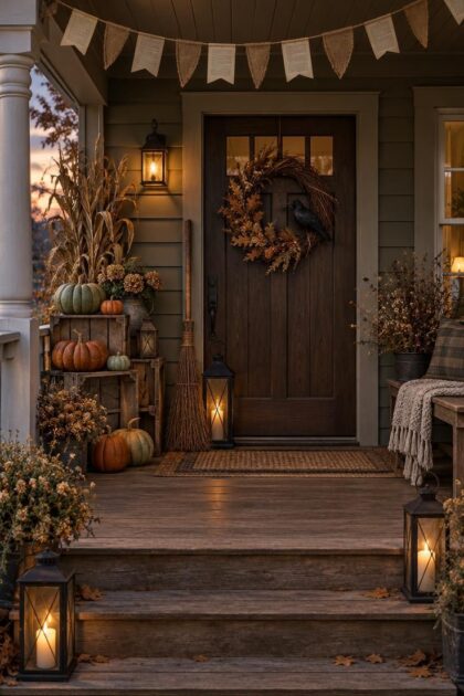 10 Rustic Halloween Decor Ideas for a Welcoming Porch Dusk view of a rustic Halloween porch with crates of muted pumpkins, a twig broom and black lantern, a crow wreath on the door, a burlap banner overhead, and lantern light along the steps.
