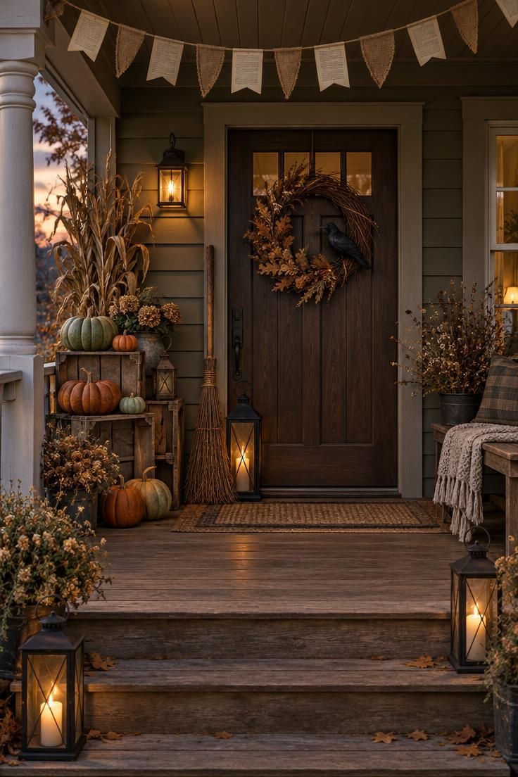 Simple Spaces 26 Dusk view of a rustic Halloween porch with crates of muted pumpkins, a twig broom and black lantern, a crow wreath on the door, a burlap banner overhead, and lantern light along the steps.