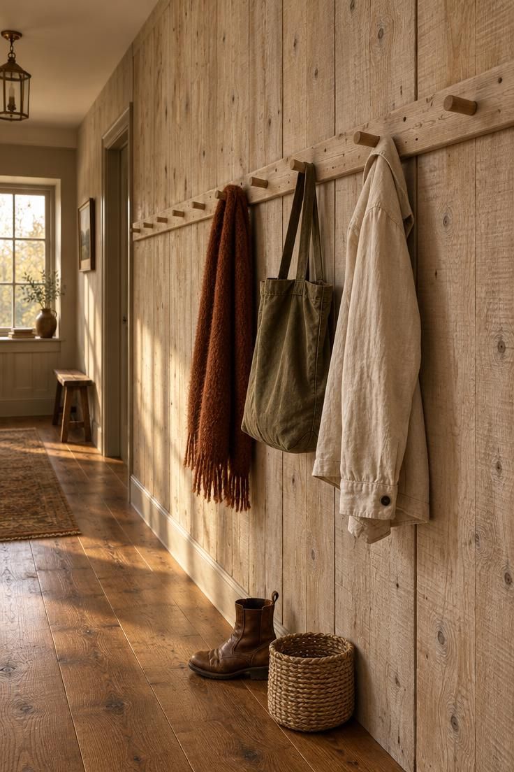13 Rustic Hallway Ideas That Make Coming Home Feel Calm 1 Narrow hallway with a rough-sawn pine board wall and a matching peg rail holding a scarf, tote, and jacket in warm golden light.