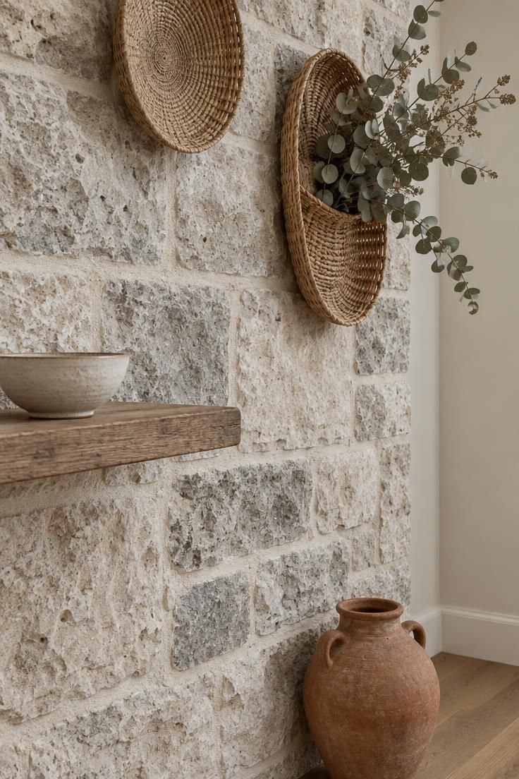 13 Rustic Hallway Ideas That Make Coming Home Feel Calm 2 Stone accent wall in a hallway with two hanging woven baskets, a stoneware bowl on a ledge, and a terracotta vessel in cool overcast light.