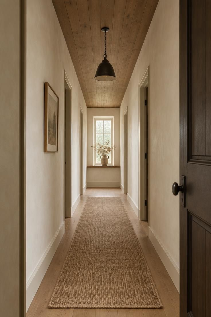 13 Rustic Hallway Ideas That Make Coming Home Feel Calm 3 Narrow hallway with a wide-plank wood ceiling, cream limewash walls, a blackened iron pendant, and a jute runner leading toward a bright far end.