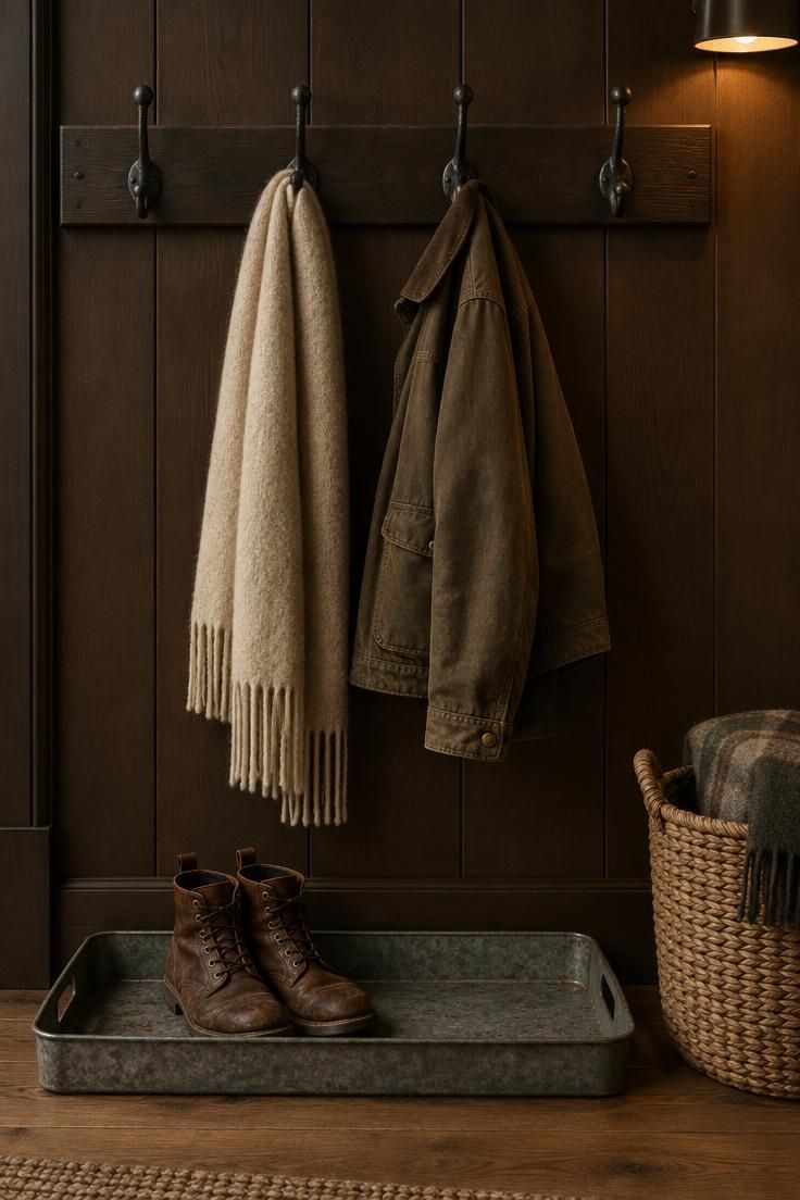 13 Rustic Hallway Ideas That Make Coming Home Feel Calm 4 Row of blackened wrought iron hooks on a dark wood backplate with a scarf and jacket, above a galvanized boot tray in moody low light.