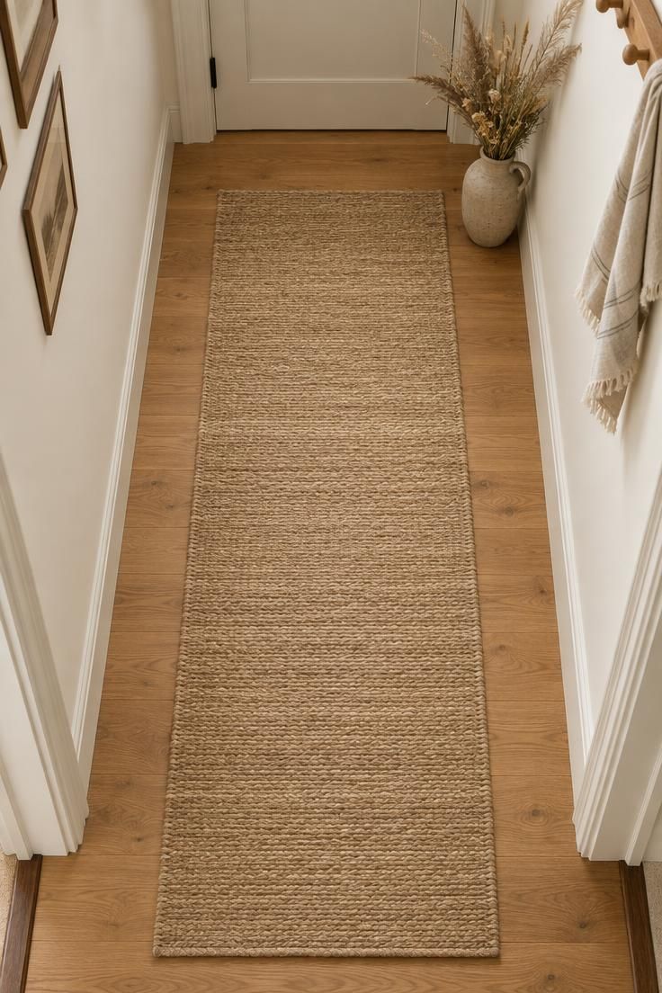 13 Rustic Hallway Ideas That Make Coming Home Feel Calm 5 Overhead view of a natural jute runner down a hallway center, bare oak floor at both ends, with a stoneware jug of dried grasses.