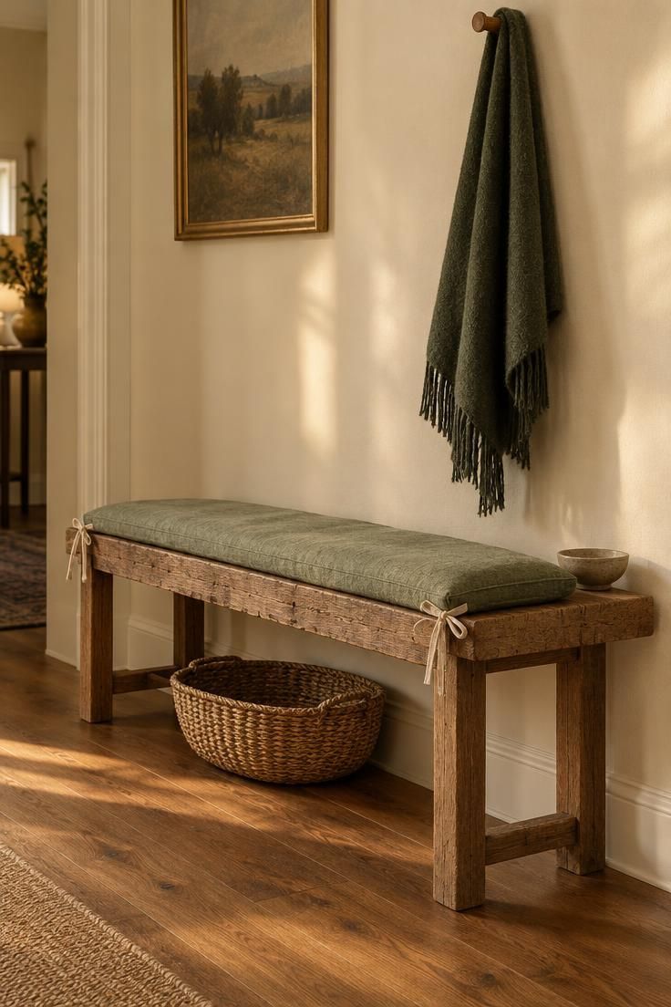 13 Rustic Hallway Ideas That Make Coming Home Feel Calm 6 Slim reclaimed wood plank bench against a cream wall with one sage linen cushion, a woven basket beneath, and a dark green throw above.