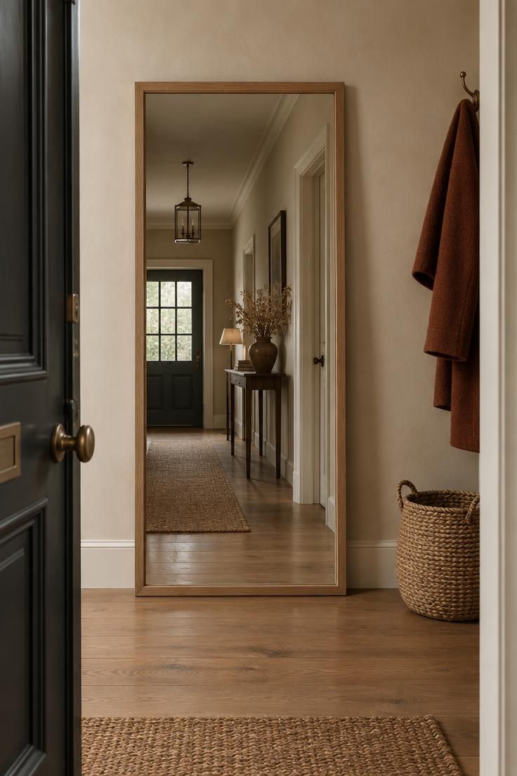 13 Rustic Hallway Ideas That Make Coming Home Feel Calm 7 Tall full-length oak-framed leaning mirror in a hallway reflecting the corridor back toward the entry, with a clear floor margin.