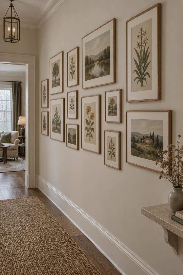13 Rustic Hallway Ideas That Make Coming Home Feel Calm 8 Hallway gallery wall of small botanical prints in matching thin oak frames with cream mats, viewed at an angle in cool overcast light.