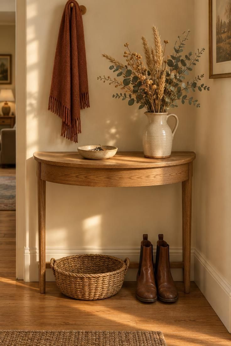 13 Rustic Hallway Ideas That Make Coming Home Feel Calm 9 Narrow oak half-moon console in a hallway with a stoneware key bowl and dried arrangement in a jug, boots and a basket beneath.