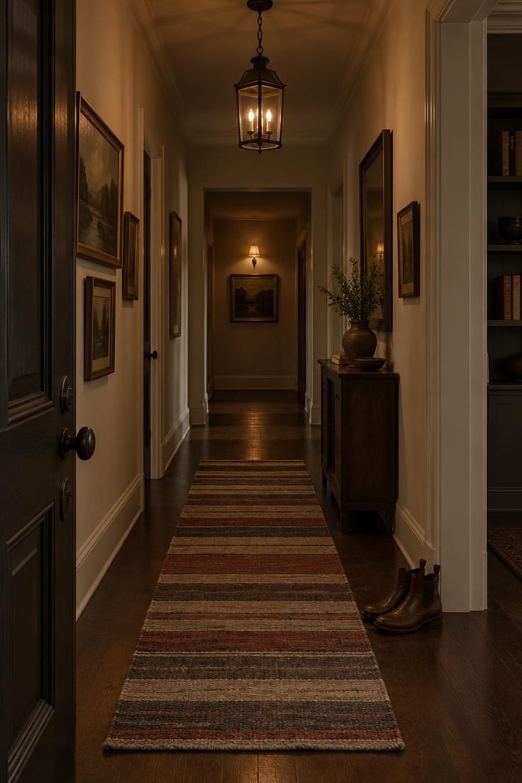 13 Rustic Hallway Ideas That Make Coming Home Feel Calm 10 Narrow hallway with a blackened metal lantern pendant centered above a muted wool runner, with a faint wall light at the far end.