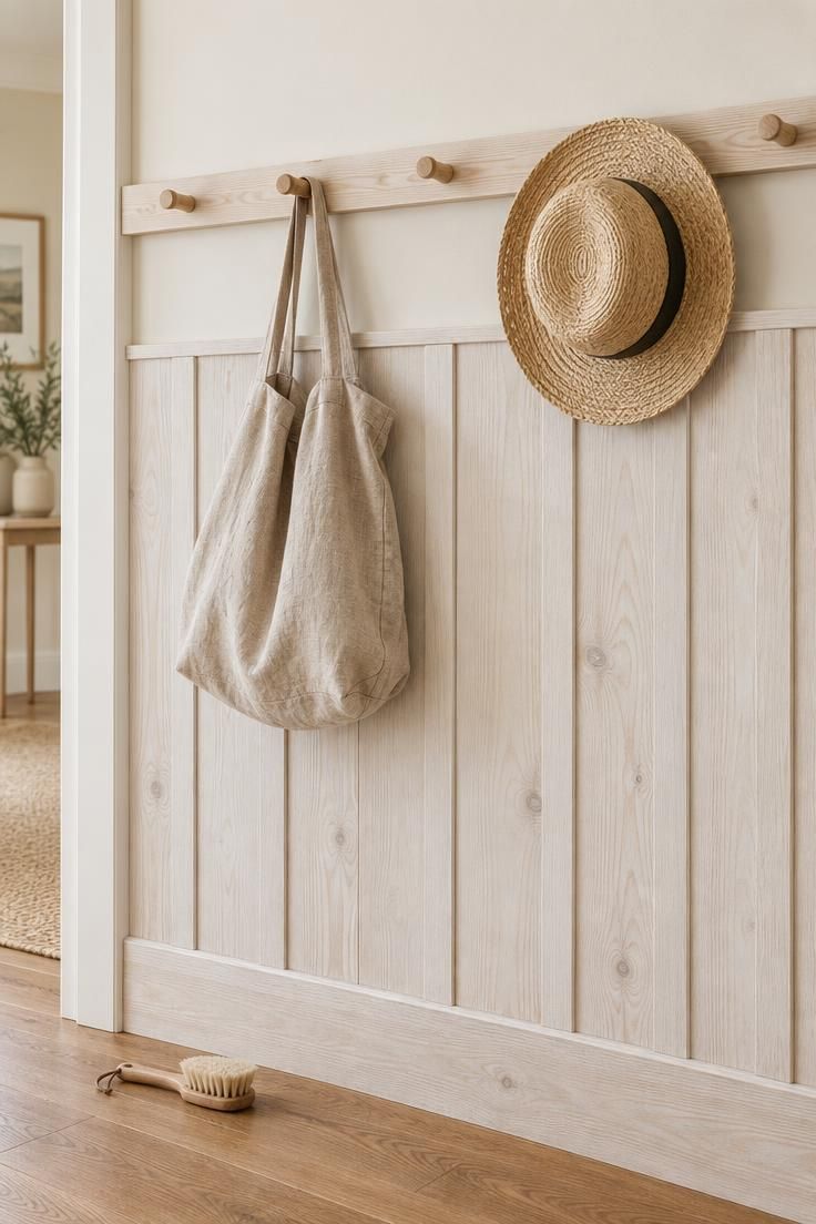 13 Rustic Hallway Ideas That Make Coming Home Feel Calm 11 Whitewashed board-and-batten lower hallway wall with a peg rail above holding a linen bag and a straw hat in bright midday light.