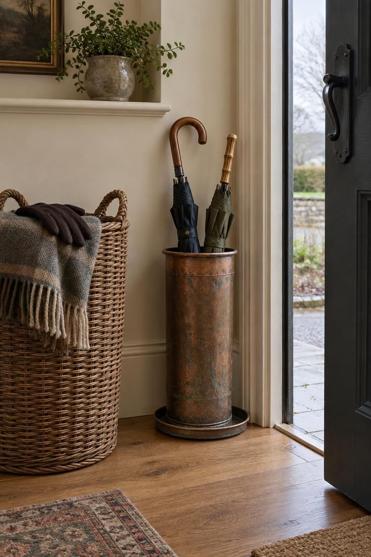 13 Rustic Hallway Ideas That Make Coming Home Feel Calm 12 Copper umbrella stand and tall woven willow basket beside a hallway door, with a tray at the base and warm oak flooring.