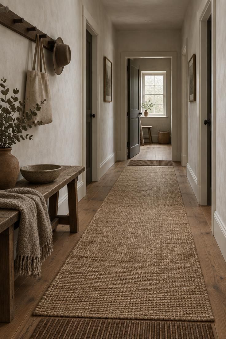 13 Rustic Hallway Ideas That Make Coming Home Feel Calm 13 Narrow rustic hallway with a natural jute runner centered between two slatted mats at the doorways, framed by whitewashed walls and a dark wood peg rail.