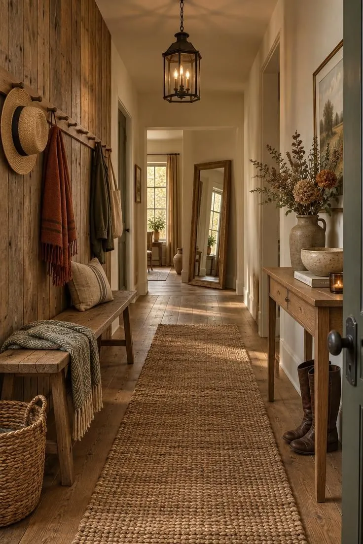 Warm rustic hallway with a reclaimed oak bench, pine peg rail, jute runner, slim console, and leaning mirror under a blackened iron pendant in soft golden light.