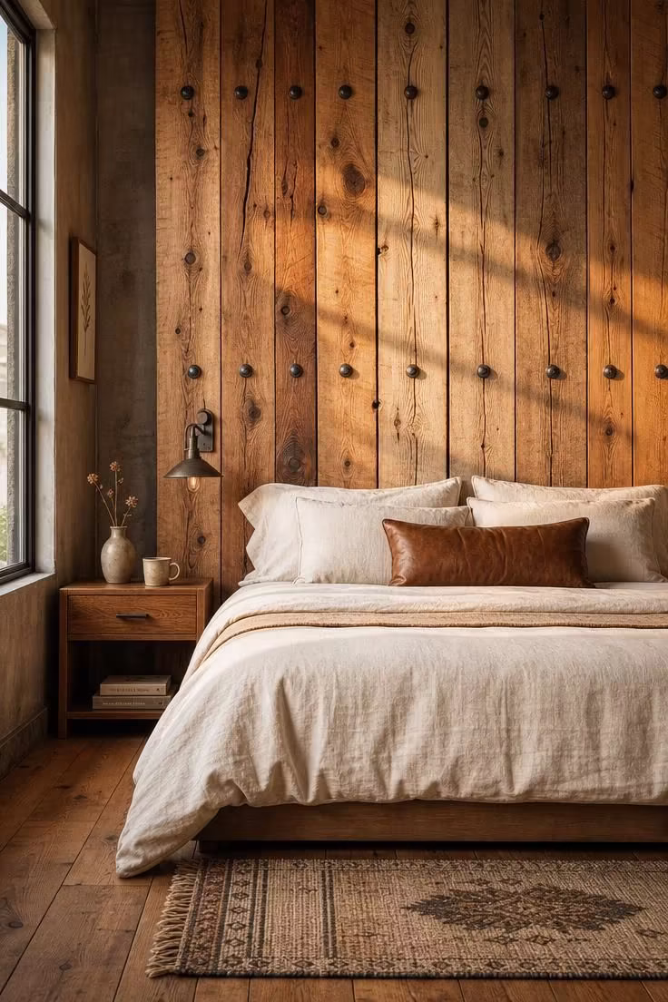 14 Rustic Industrial Bedroom Ideas That Feel Like Home 1 Rough-hewn cedar plank headboard with wrought iron bolts in a warm rustic industrial bedroom with cream linen bedding and cognac leather accent pillow.