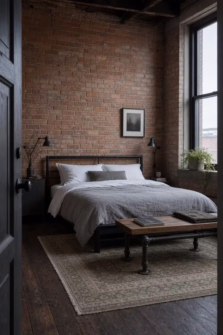 14 Rustic Industrial Bedroom Ideas That Feel Like Home 2 Exposed brick bedroom wall in terracotta tones with a matte black steel platform bed, dove gray linen duvet, and cool overcast morning light.