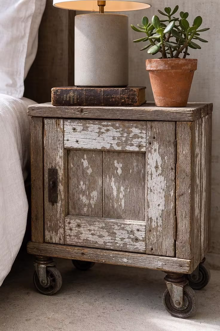14 Rustic Industrial Bedroom Ideas That Feel Like Home 3 Close-up of a barn door nightstand made from salvaged weathered pine on iron caster wheels with a ceramic lamp and jade plant.