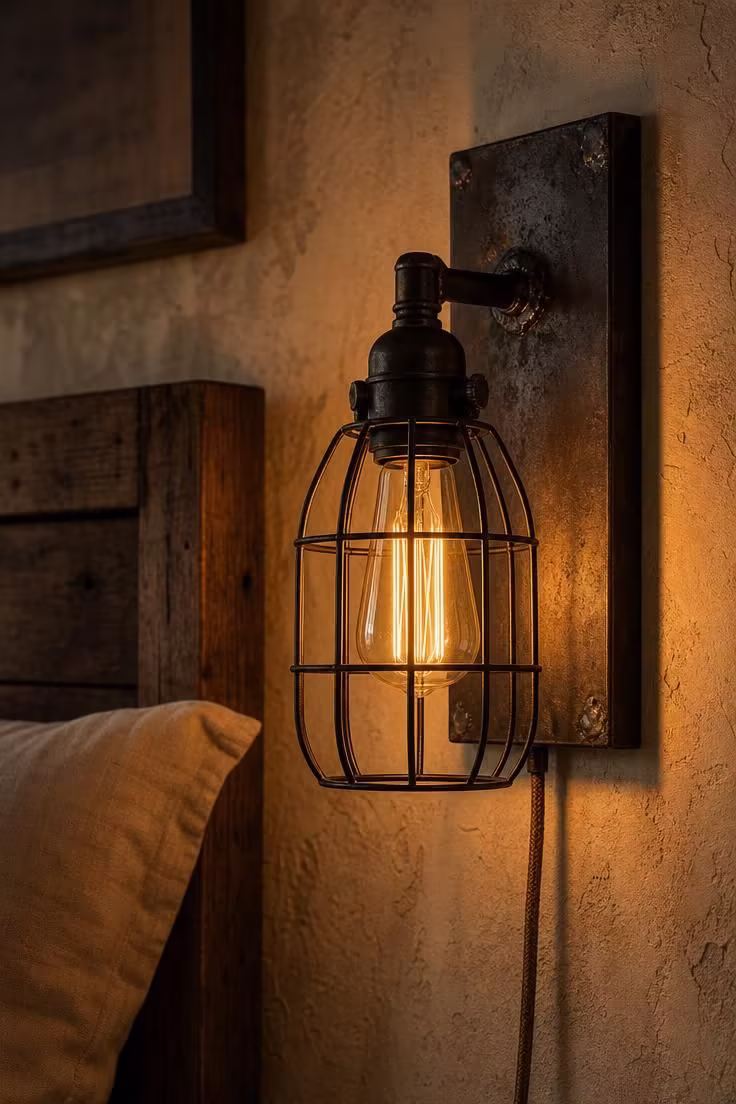 14 Rustic Industrial Bedroom Ideas That Feel Like Home 4 Edison bulb sconce with exposed filament in a black iron wire cage mounted on an oxidized steel plate, casting warm amber light on rough plaster.