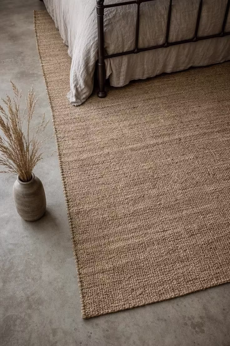14 Rustic Industrial Bedroom Ideas That Feel Like Home 5 Overhead view of a concrete floor bedroom with a faded handwoven jute rug in natural tones, steel bed legs, and a dried grass arrangement.