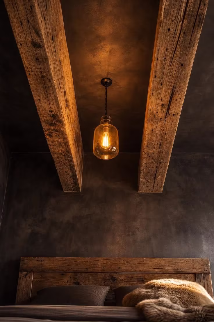 14 Rustic Industrial Bedroom Ideas That Feel Like Home 6 Low-angle view of reclaimed timber ceiling beams over soot-washed charcoal plaster walls in a rustic industrial bedroom with amber pendant light.